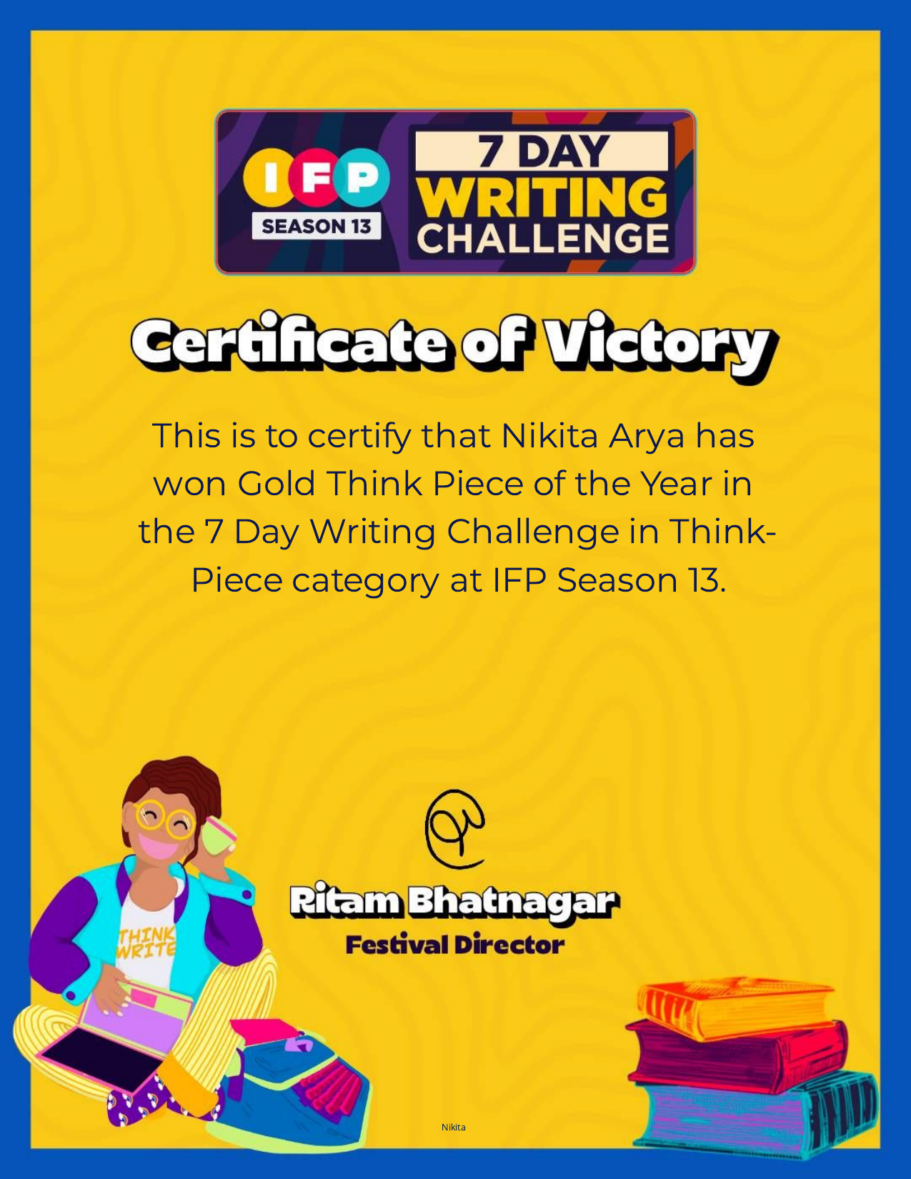 India Film Project Season 13 Gold Award certificate for Nikita Arya