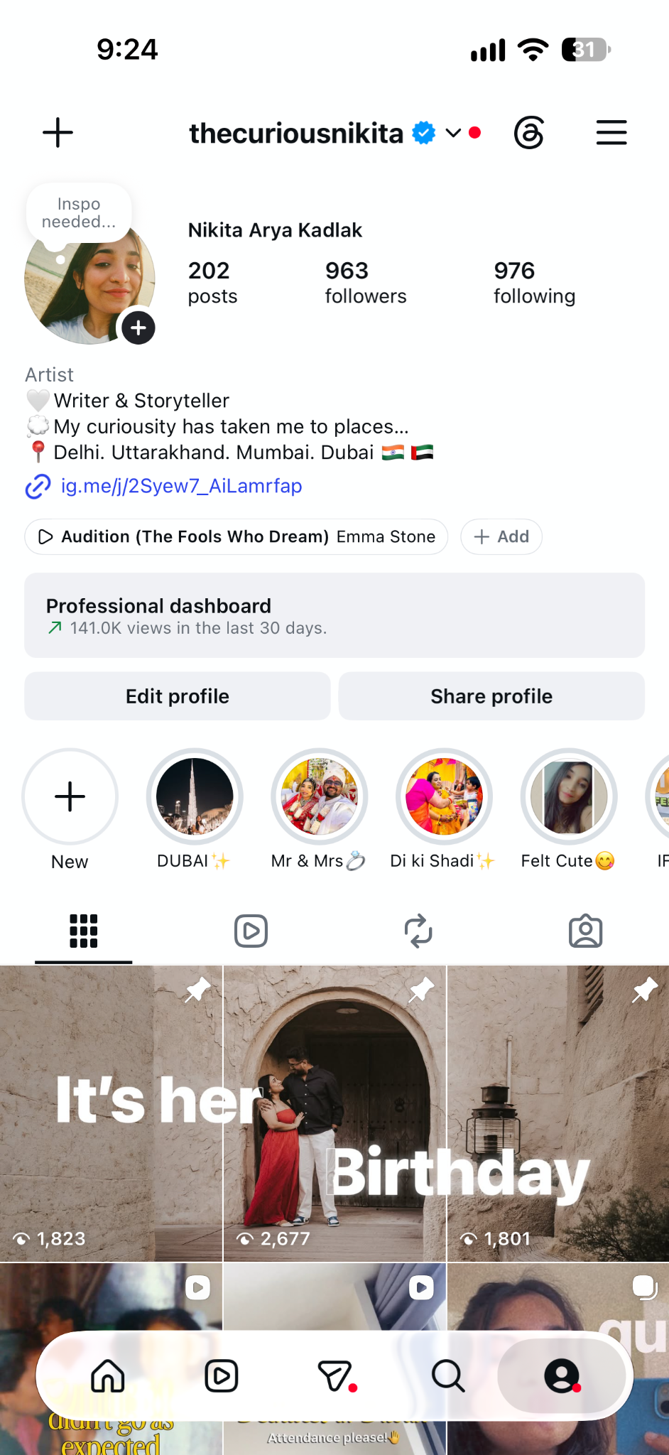 Instagram profile and professional dashboard for @thecuriousnikita