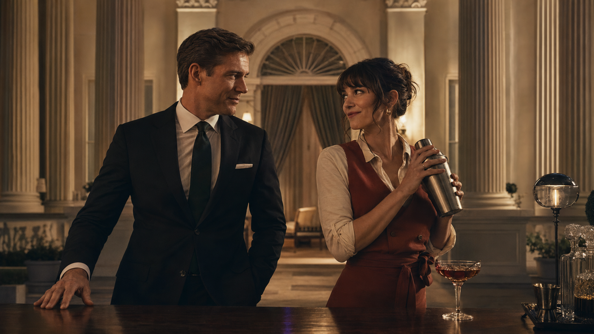 A cinematic president-and-bartender composition set against White House-inspired architecture