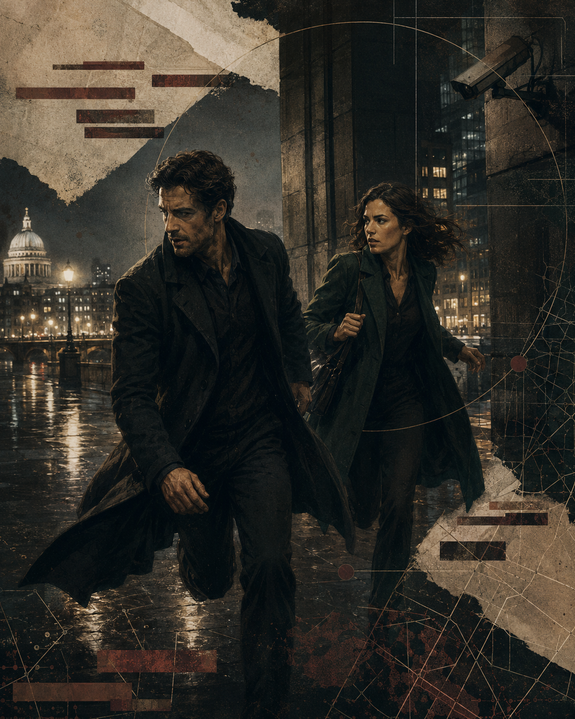 A cinematic man and woman moving through a covert city chase