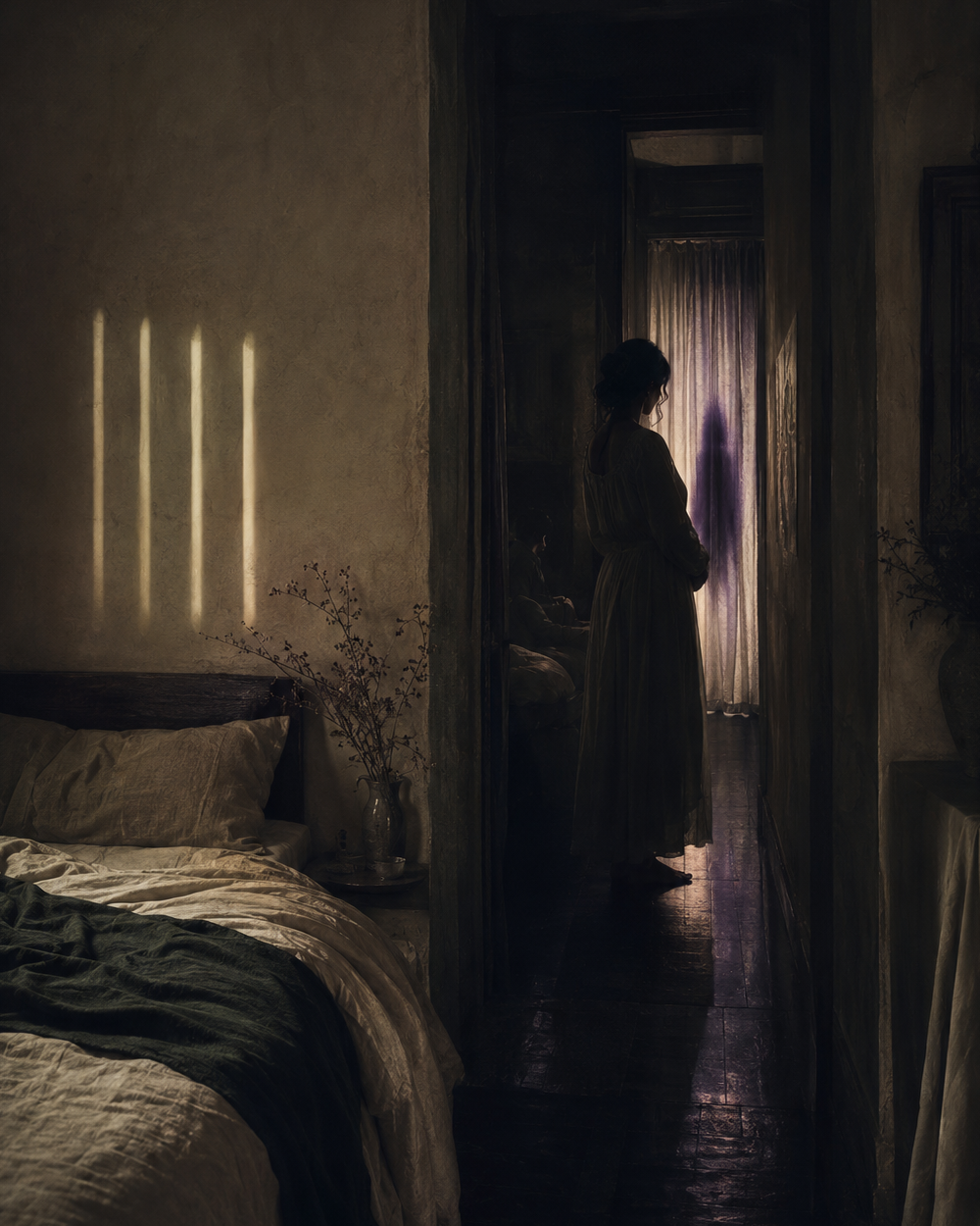 An eerie maternal silhouette in a shadowed room with a childlike presence suggested by light